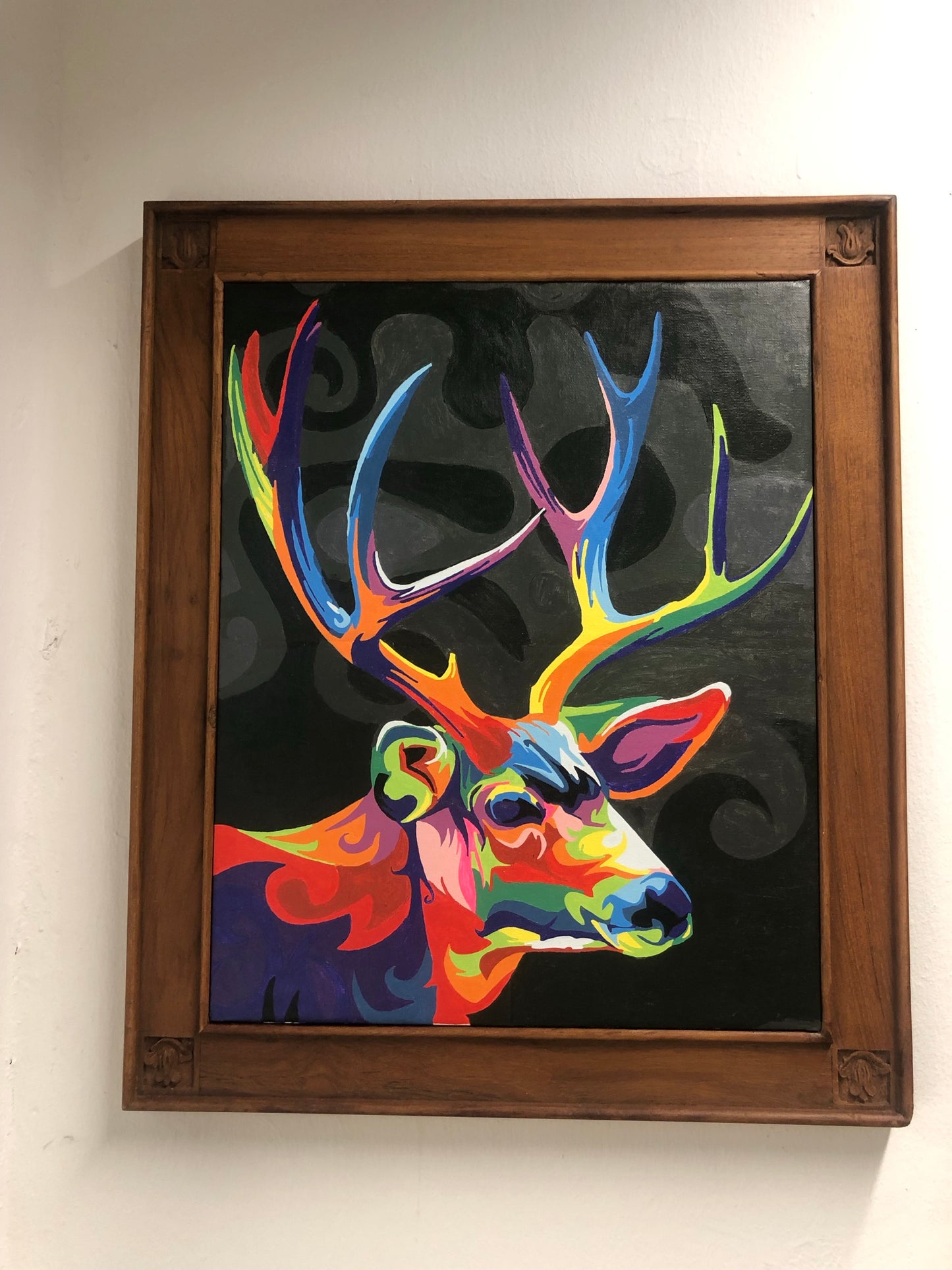 Painted Deer With Teak Wood Frame